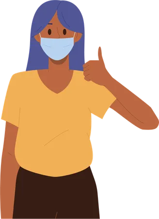 Young woman wearing medical facial mask respirator gesturing thumbs up  Illustration