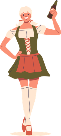 Young Woman Wearing Traditional German Costume Holding Beer Bottle Celebrating Oktoberfest  Illustration