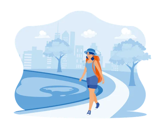 Young woman with a backpack walking on the sidewalk  Illustration