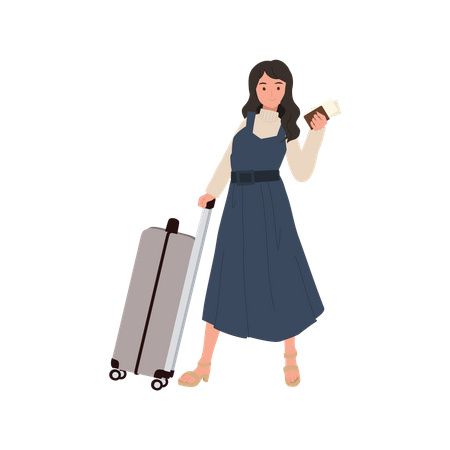 Young Woman with bag and passport  イラスト