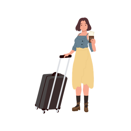 Young Woman with bag and passport  Illustration