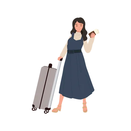 Young Woman with bag and passport  Illustration