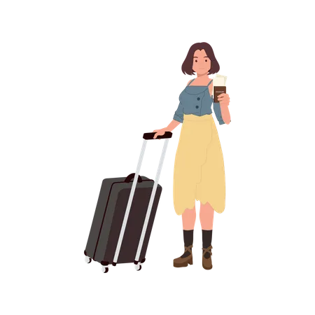 Young Woman with bag and passport  Illustration