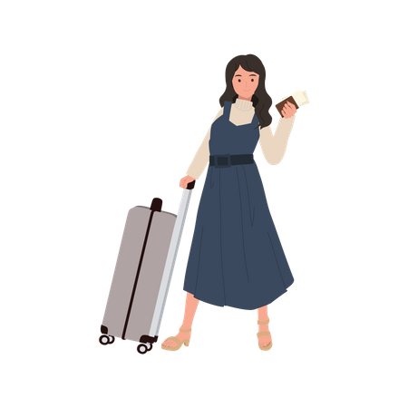 Young Woman with bag and passport  일러스트레이션