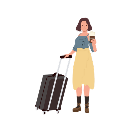 Young Woman with bag and passport  일러스트레이션