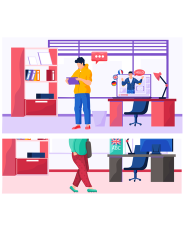 Young woman with bag is walking in a room with computer table  Illustration