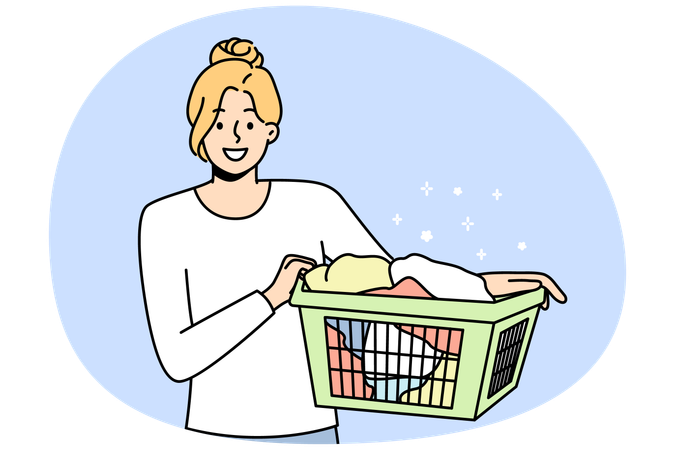 Young woman with basket with clothes going to laundry  Illustration