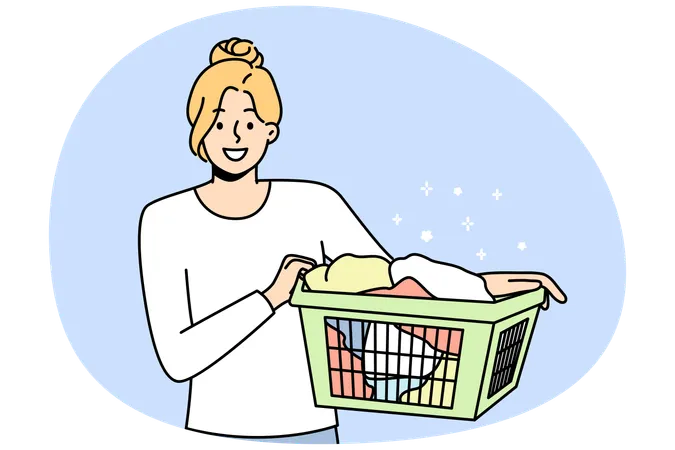Young woman with basket with clothes going to laundry  Illustration