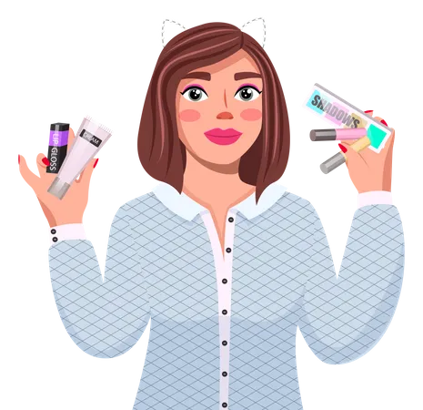 Portrait Of Young Woman With Dark Hair Wearing White Blouse Cute Smiling Girl Holding Cosmetics Cream Lipstick Shadows Pretty Positive Female Character Student Or Businesswoman Beauty Blogger Illustration