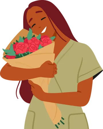 Young Woman Radiant With Joy Tenderly Cradles A Vibrant Bouquet Of Flowers Their Colors A Lively Burst Against Her Serene Smile Happy Black Female Character With A Gift Cartoon Vector Illustration Illustration