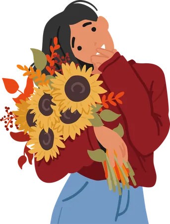 Young Woman with Bouquet Of Sunflower  Illustration