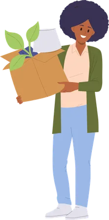 Young woman with box feeling happy and smiling to move another place of location  Illustration