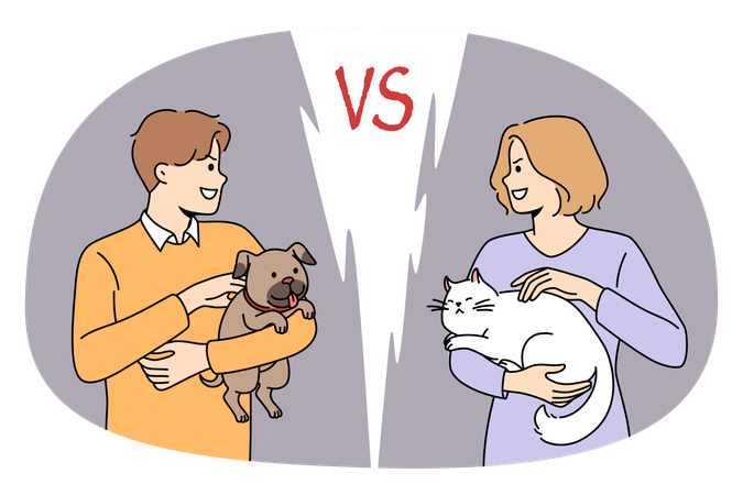 Young woman with cat standing opposite positive man holding puppy on hands looking at each other  Illustration