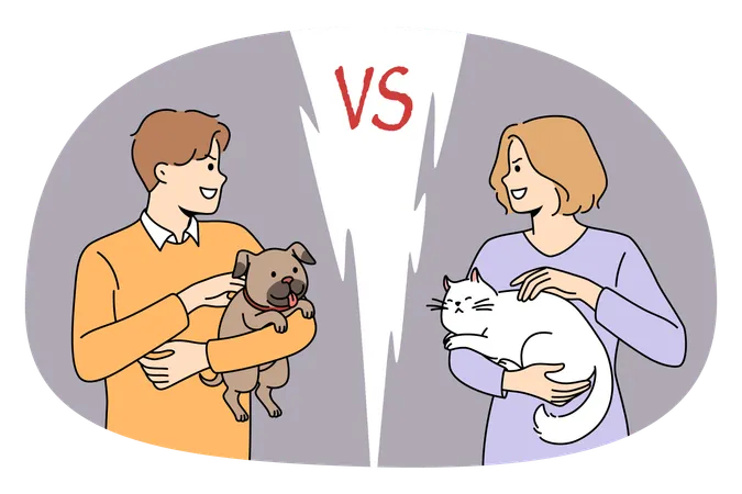 Young woman with cat standing opposite positive man holding puppy on hands looking at each other  Illustration