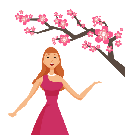 Young woman with cherry sakura flowers Illustration