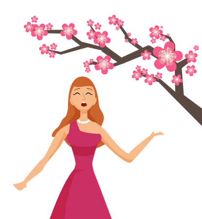 Young woman with cherry sakura flowers Illustration