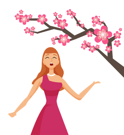 Young woman with cherry sakura flowers  Illustration