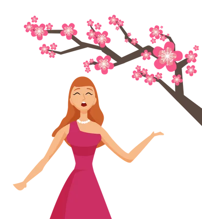 Young woman with cherry sakura flowers  Illustration