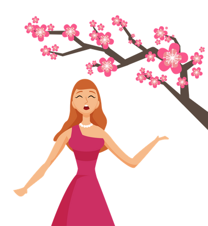 Young woman with cherry sakura flowers  Illustration