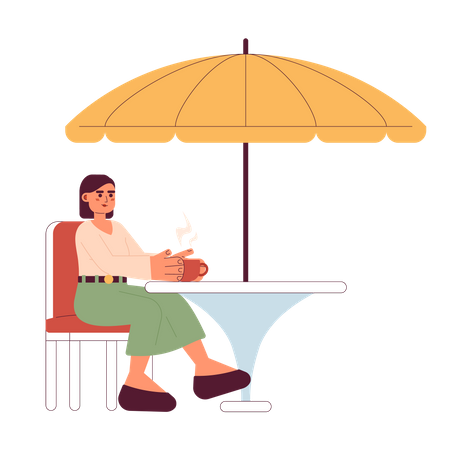 Young woman with coffee cup at outdoor street cafe Illustration