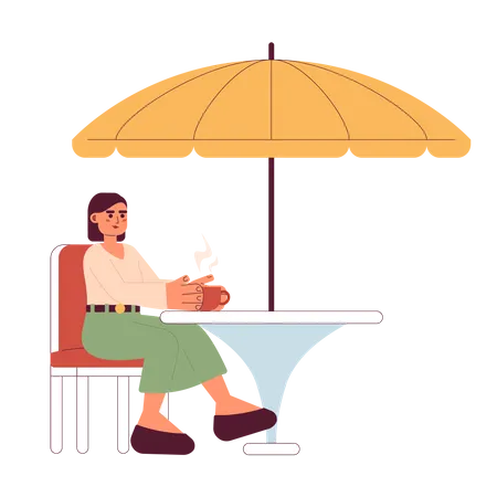 Young woman with coffee cup at outdoor street cafe Illustration