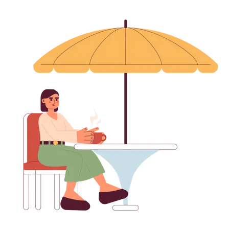 Young woman with coffee cup at outdoor street cafe  Illustration