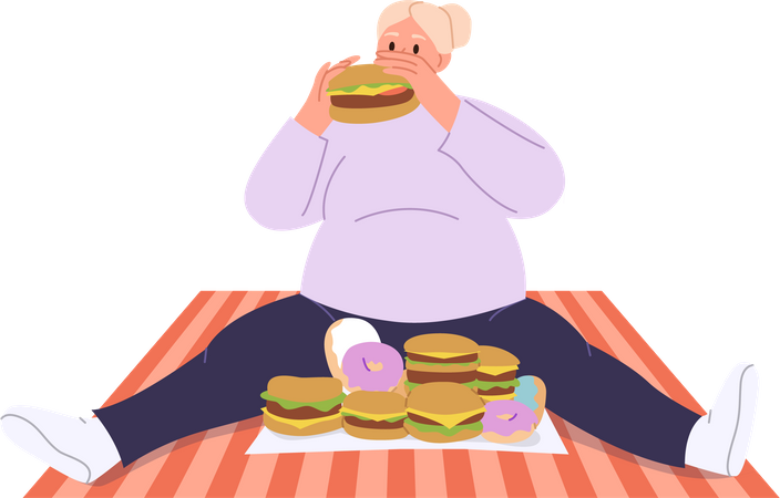 Young woman with fat belly eating burgers  Illustration