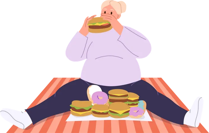 Young Woman Character With Fat Belly Eating Burgers Sitting On Blanket Having Fast Food Disorder Vector Illustration Isolated On White People With Uncontrolled Appetite Psychological Problem Illustration
