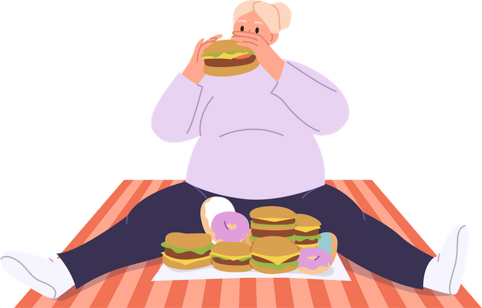 Young woman with fat belly eating burgers  Illustration