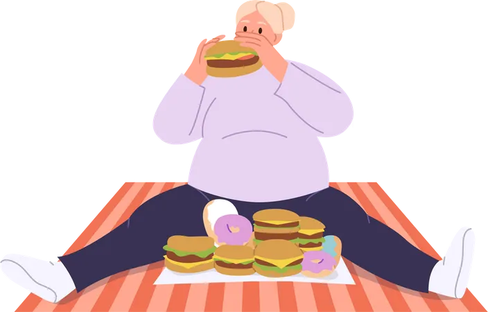 Young woman with fat belly eating burgers  Illustration