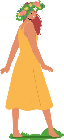 Young Woman With Floral Crown On Head Wearing Long Yellow Dress  Illustration
