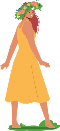 Young Woman With Floral Crown On Head Wearing Long Yellow Dress  Illustration