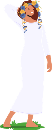 Young Woman With Flower Crown On Head Wear Long Cotton Dress  Illustration