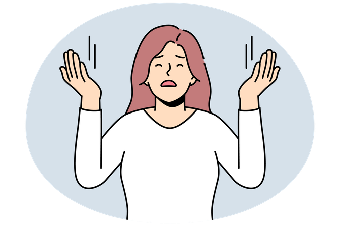 Young woman with hands raised up praying.  Illustration