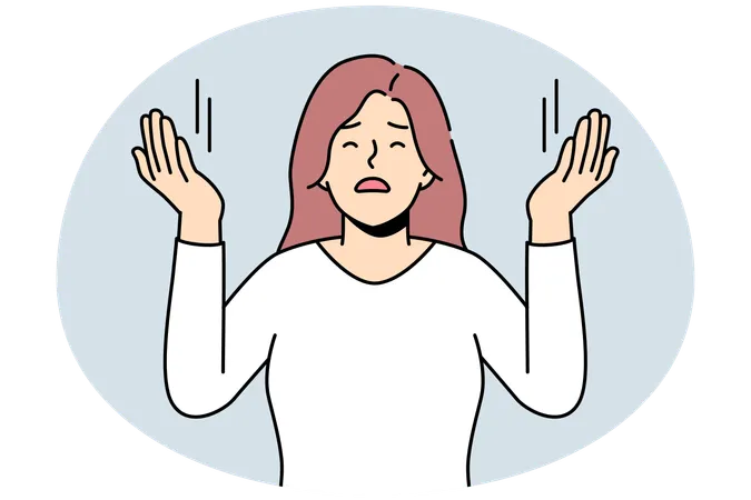 Young woman with hands raised up praying.  Illustration