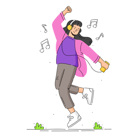 Young Woman with Headphones Listening to Music and Moving with Dancing  Illustration