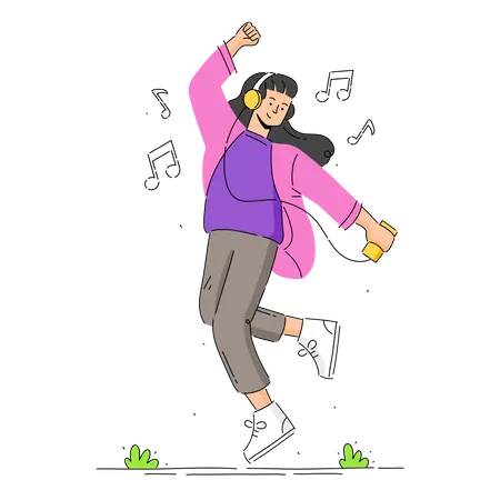 Young Woman with Headphones Listening to Music and Moving with Dancing  Illustration