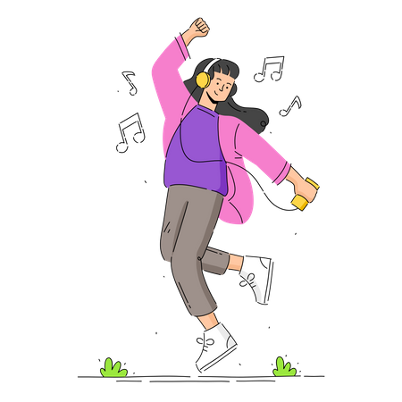 Young Woman with Headphones Listening to Music and Moving with Dancing Illustration