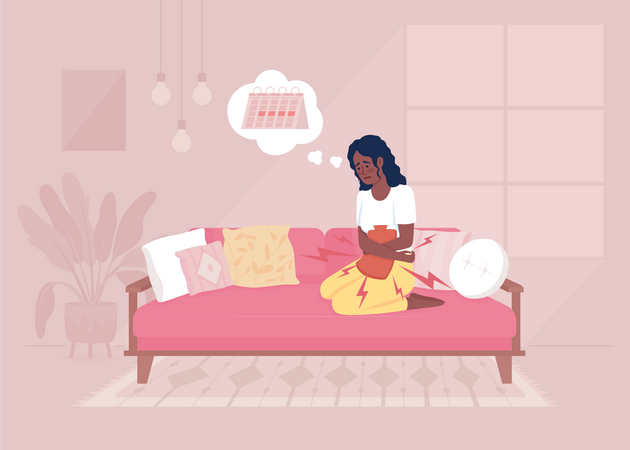 Young woman with heating pad in period time  Illustration