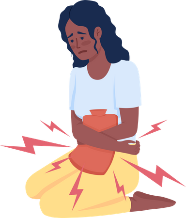 Young woman with heating pad in period time  Illustration