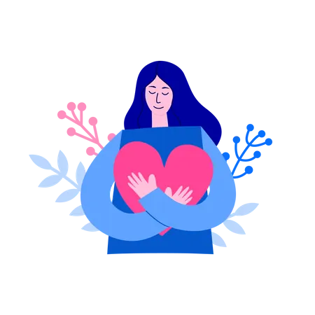 Girl Hugs Big Heart With Love Young Woman With Long Hair Loves Herself Isolated On White Background Skin Care Concept Find Time For Yourself Mental And Physical Health Illustration
