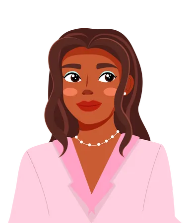 Portrait Of Young Black Woman With Long Hair Wearing Pink Jacket Cute Smiling Girl Isolated On White Background Flat Style Pretty Positive Female Character Student Or Businesswoman Beauty Blogger Illustration