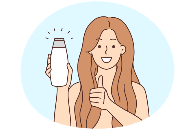 Young woman with long healthy hair holding shampoo bottle recommend good beauty  Illustration