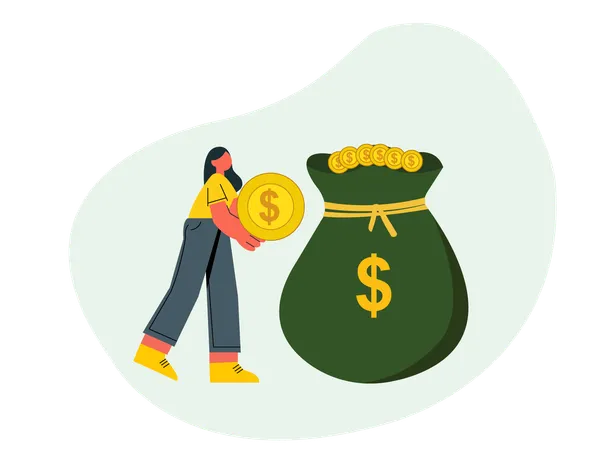 Young woman with Money Bag  Illustration