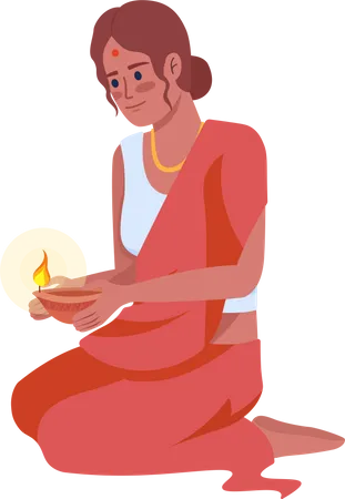 Young Woman With Oil Lamp On Diwali Semi Flat Color Vector Character Editable Figure Full Body Person On White Indian Culture Simple Cartoon Style Illustration For Web Graphic Design And Animation イラスト