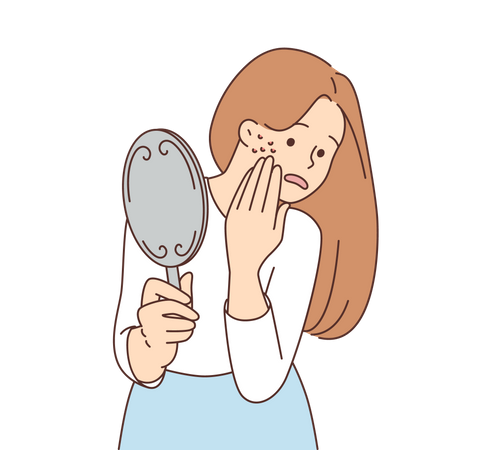 Young woman with pimple seen in mirror  Illustration
