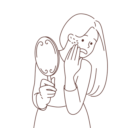 Young woman with pimple seen in mirror  イラスト