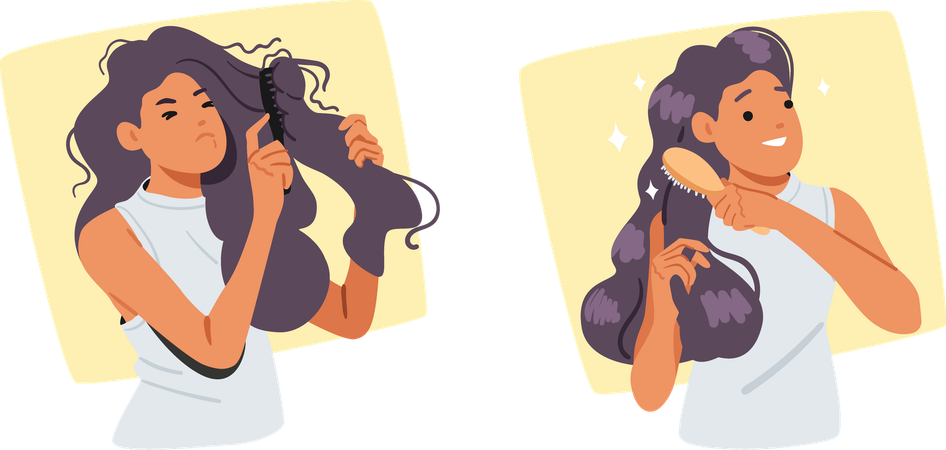 Young woman with problematic tangled dry hair difficult to comb before and after treatment  Illustration