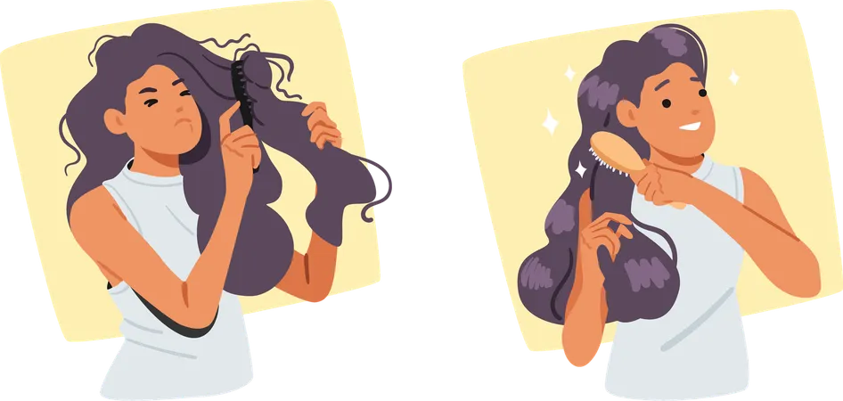 Young woman with problematic tangled dry hair difficult to comb before and after treatment  Illustration