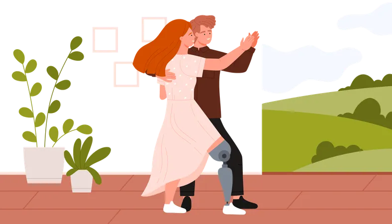 Young woman with prosthetic leg and man dancing modern romantic dance at home room  Illustration
